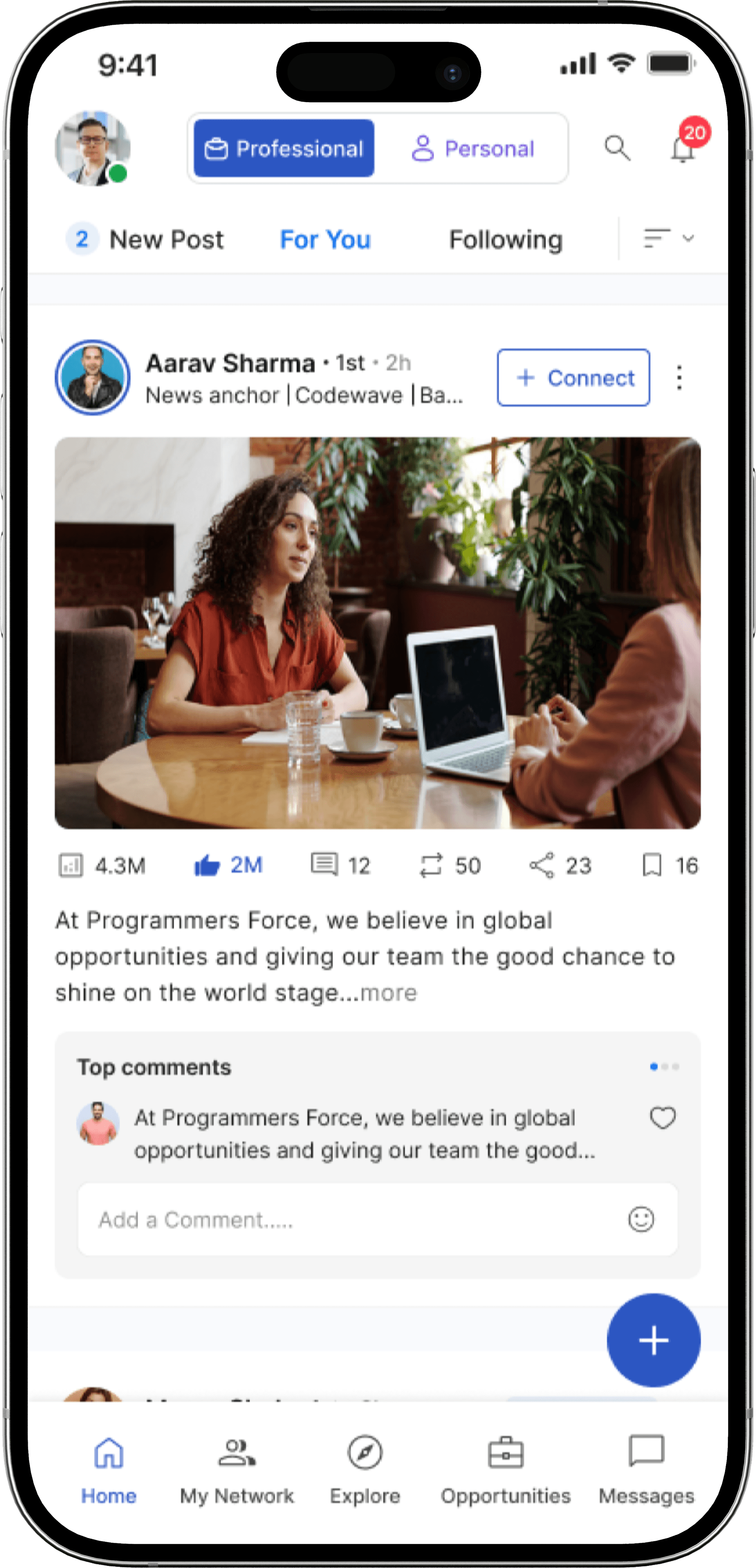 HiTime.App mobile preview showing professional and personal network modes